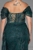 30183 Emerald Green Off-Shoulder Sheer Corset Slit Dress