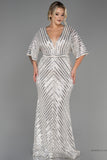 30231 Beige-Silver Sheer Sleeve Sequins Mermaid Dress