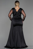 30142 Black Sheer Sleeve Draped Slit Satin Dress