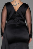 30142 Black Sheer Sleeve Draped Slit Satin Dress