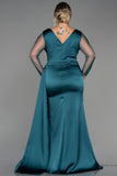 30141 Emerald Green Sheer Sleeve Draped Slit Satin Dress