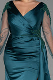 30141 Emerald Green Sheer Sleeve Draped Slit Satin Dress