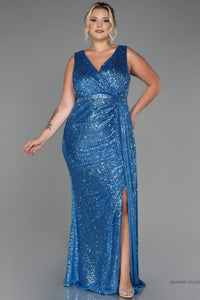 30249 Blue Draped Sequins Slit Dress