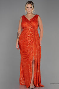 30251 Orange Draped Sequins Slit Dress