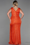 30251 Orange Draped Sequins Slit Dress