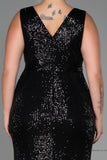 30250 Black Draped Sequins Slit Dress