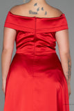 30257 Red Off-Shoulder Slit Satin Dress