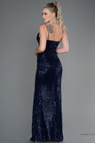 30144 Navy Blue Sequins Slit Strap Dress