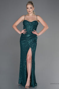 30145 Emerald Green Sequins Slit Strap Corset Dress