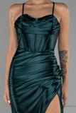30149 Emerald Green Cross Strap Corset Slit Dress