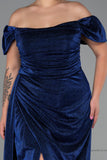 30209 Navy Blue Off-Shoulder Draped Shimmer Slit Dress