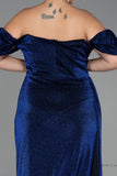 30209 Navy Blue Off-Shoulder Draped Shimmer Slit Dress