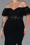 30170 Black Off-Shoulder Transparent Waist Slit Mermaid Dress
