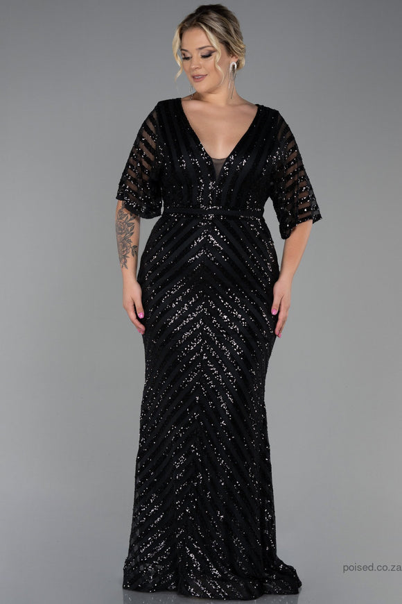 30228 Black Sheer Sleeve Sequins Mermaid Dress