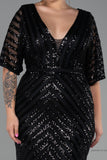 30228 Black Sheer Sleeve Sequins Mermaid Dress