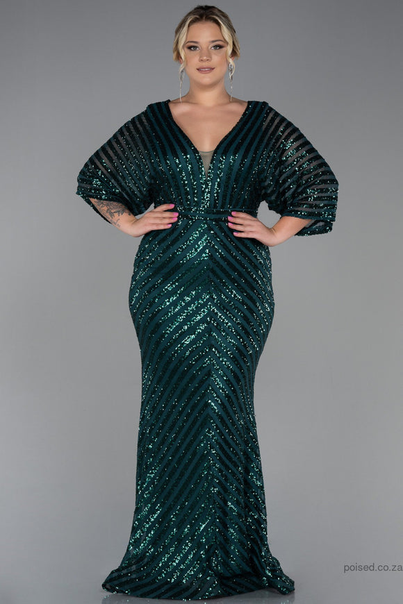 30230 Emerald Green Sheer Sleeve Sequins Mermaid Dress