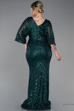 30230 Emerald Green Sheer Sleeve Sequins Mermaid Dress