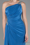 30169 Blue One Shoulder Draped Slit Dress