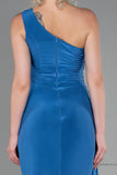 30169 Blue One Shoulder Draped Slit Dress