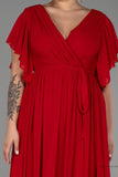30236 Red Sheer Sleeve Empire Chiffon Dress