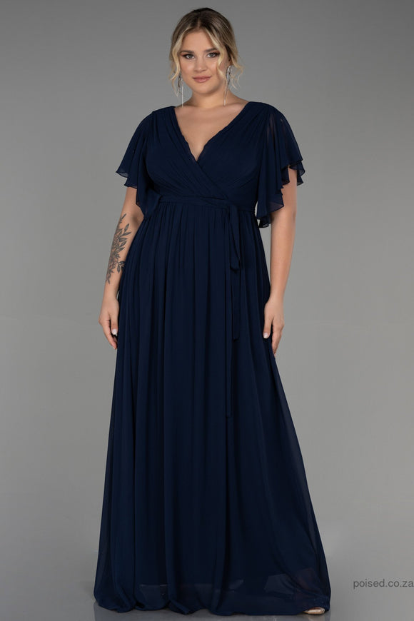 30232 Navy Blue Sheer Sleeve Empire Chiffon Dress
