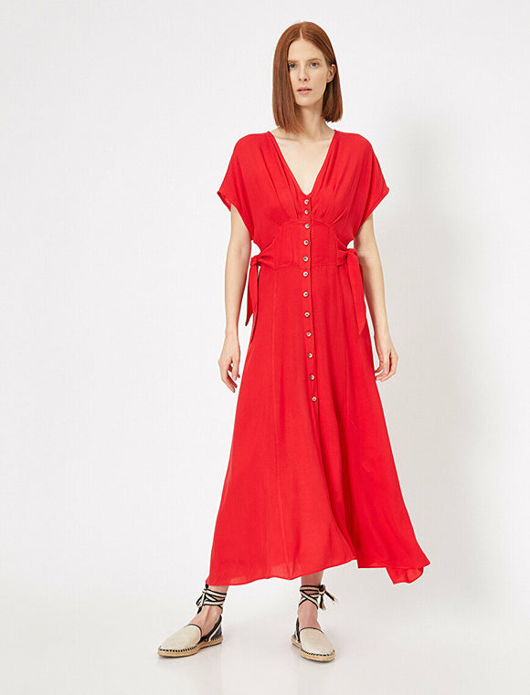 20053 Button Detailed Maxi Dress - Red