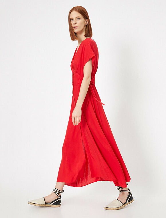 20053 Button Detailed Maxi Dress - Red