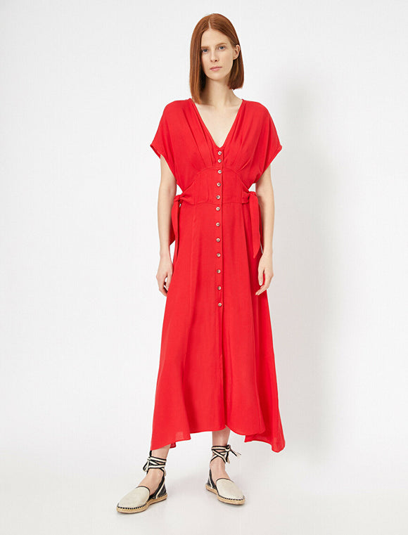 20053 Button Detailed Maxi Dress - Red