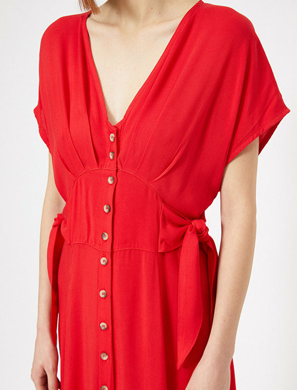 20053 Button Detailed Maxi Dress - Red