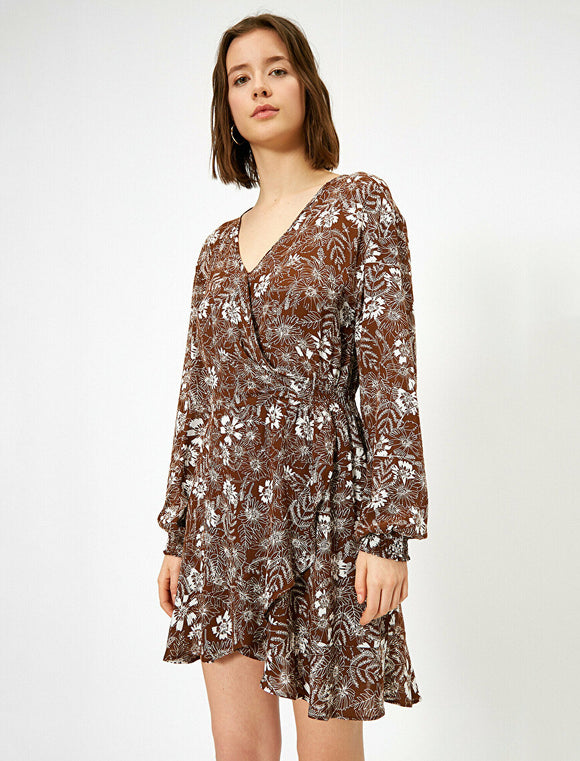 20042 Flower Patterned Dress - Brown