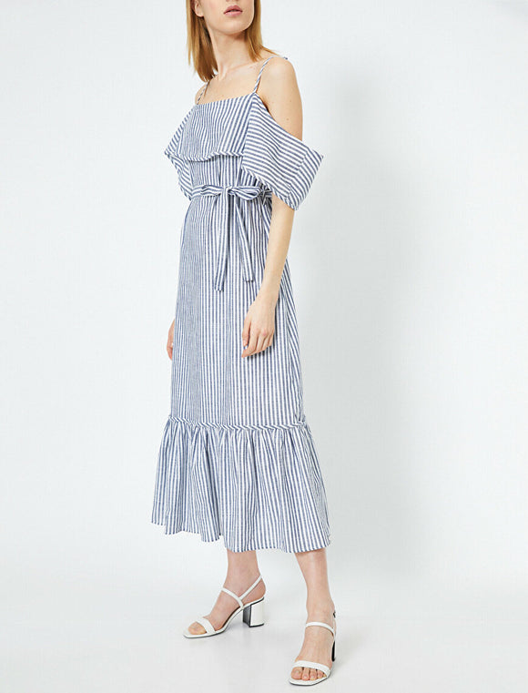 20051 Cold Shoulder Striped Dress - Multi Colour