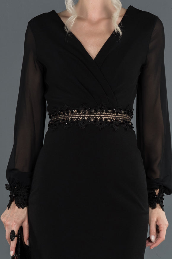  Black Long Sleeve Double Breasted Collar Invitation Dress ABK772 