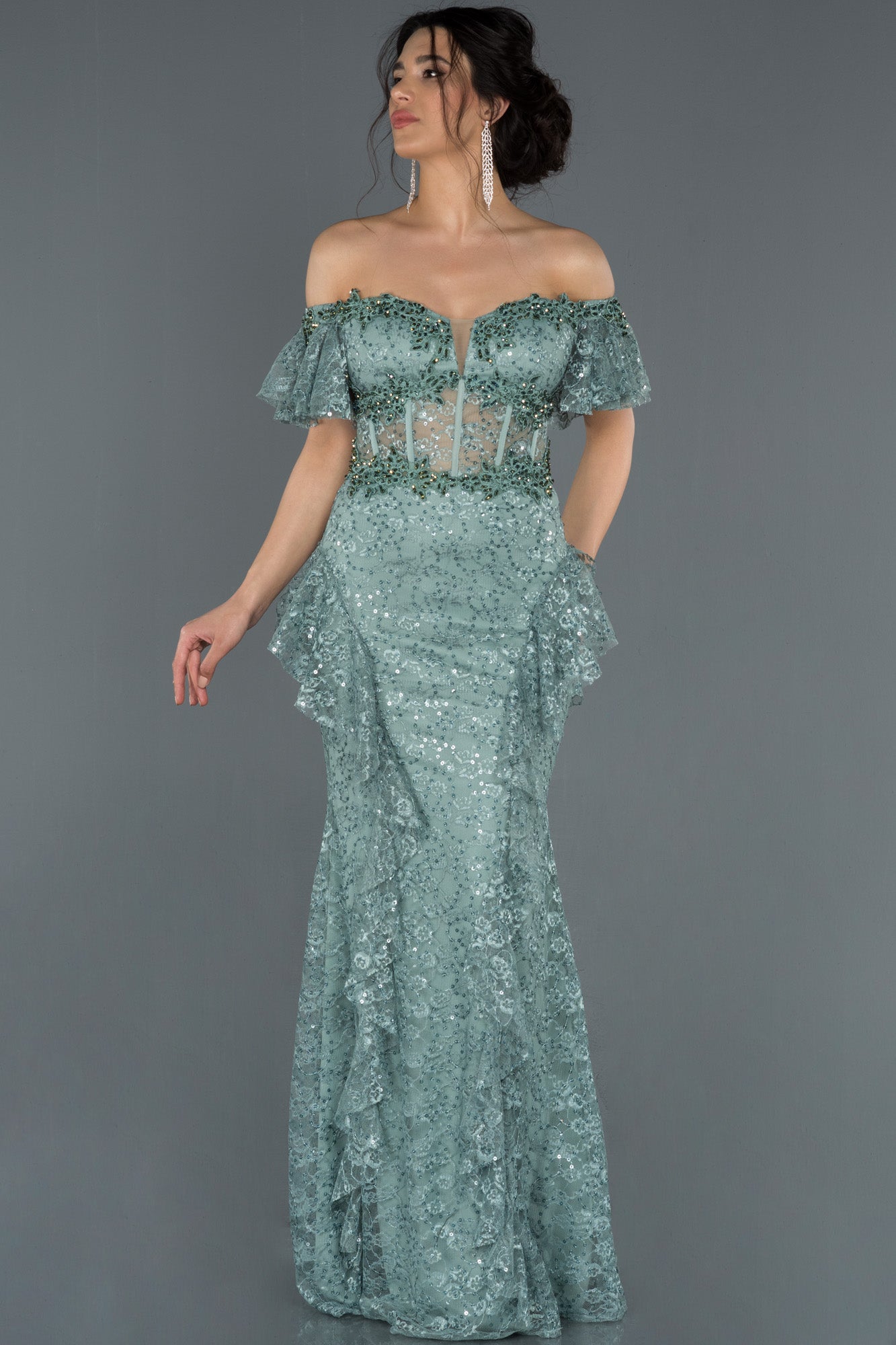 15217029 Mint Green Transparent Corset Strapless Lace Dress | AMP 15217029 Mint Green Transparent Corset Strapless Lace Dress | AMP