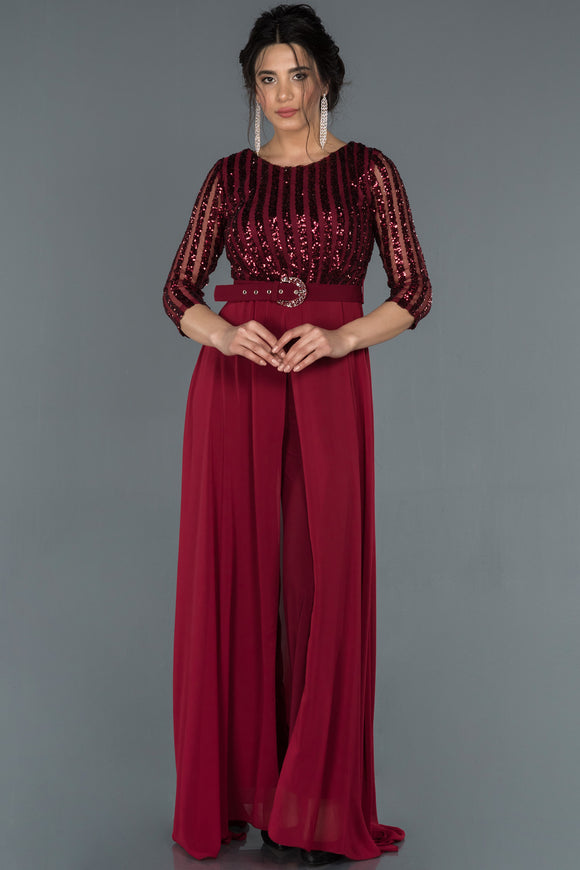 17021 claret red sequined tulle top belt chiffon dress