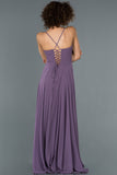 17313 Lavender Back Cross Strap Slit Chiffon Dress