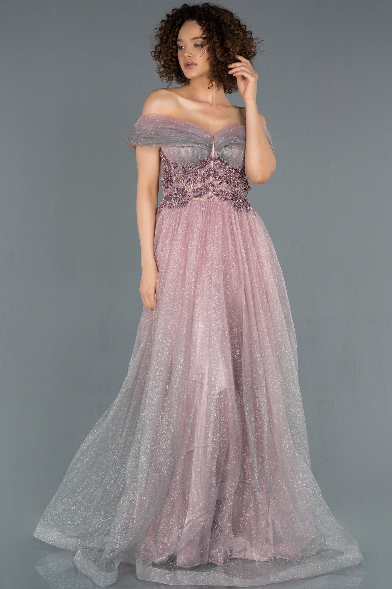 99518391 Dusty Pink Off-Shoulder Shimmer Tulle Gown | AMP 99518391 Dusty Pink Off-Shoulder Shimmer Tulle Gown | AMP