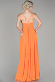17969 Orange Back Cross Strap Chiffon Slit Dress