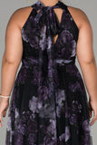 18075 Black-Purple Halterneck Floral Dress