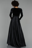 18300 Black Belted High Waist Satin-Velvet Gown