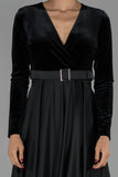 18300 Black Belted High Waist Satin-Velvet Gown