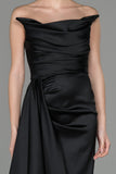 19171 Black Draped Strapless Satin Slit Dress
