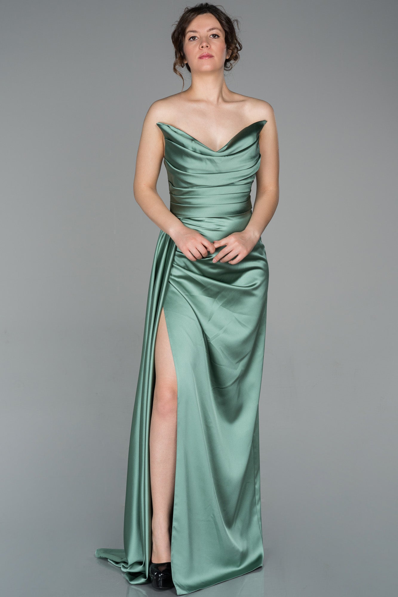 77019176 Mint Green Draped Strapless Satin Slit Dress | AMP