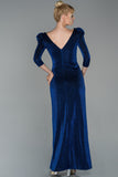 19365 Royal Blue Puff Sleeve Shimmer Slit Dress
