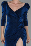 19365 Royal Blue Puff Sleeve Shimmer Slit Dress