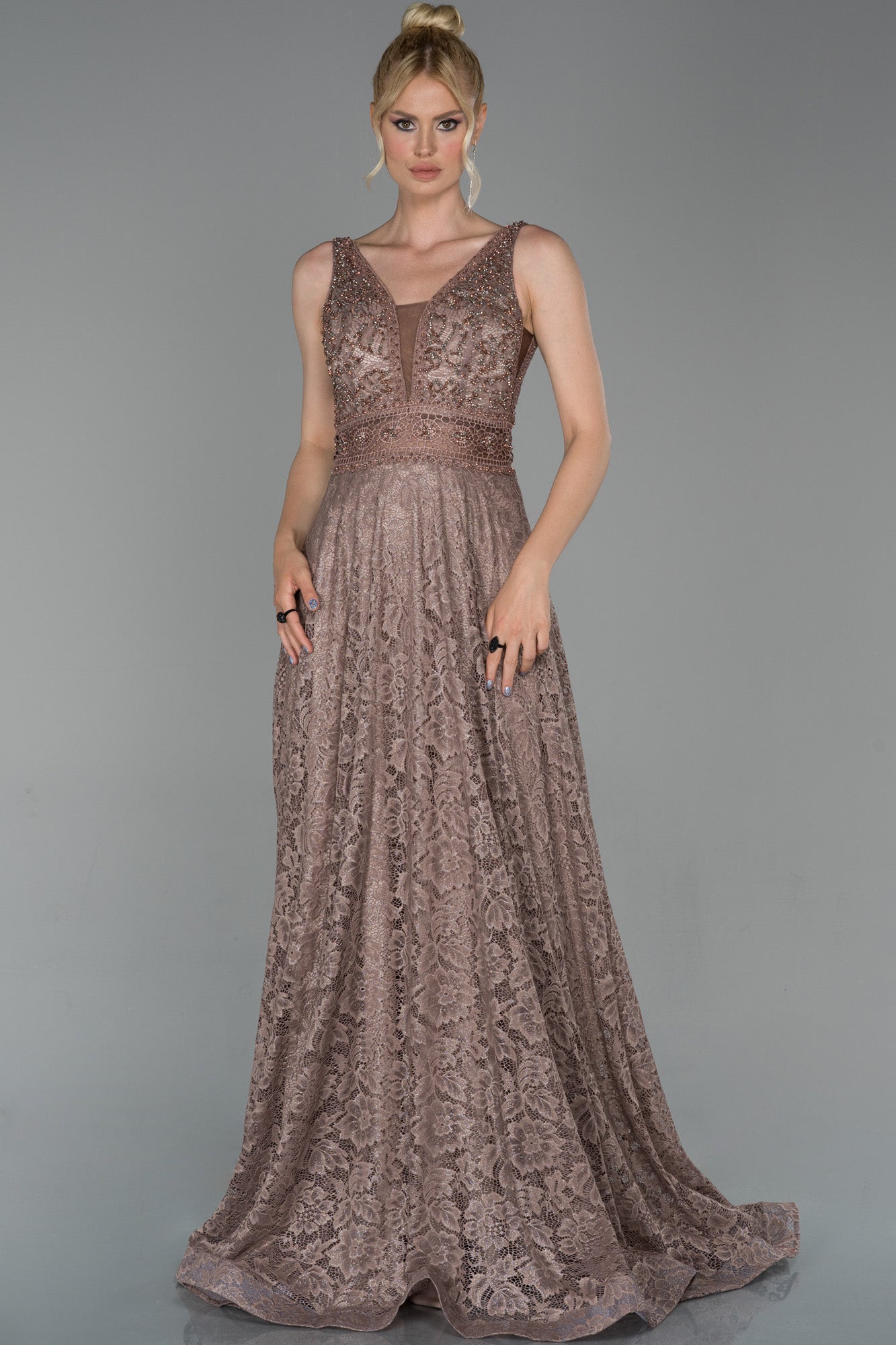 16619374 Mink Transparent Waist Lace Dress | AMP 16619374 Mink Transparent Waist Lace Dress | AMP