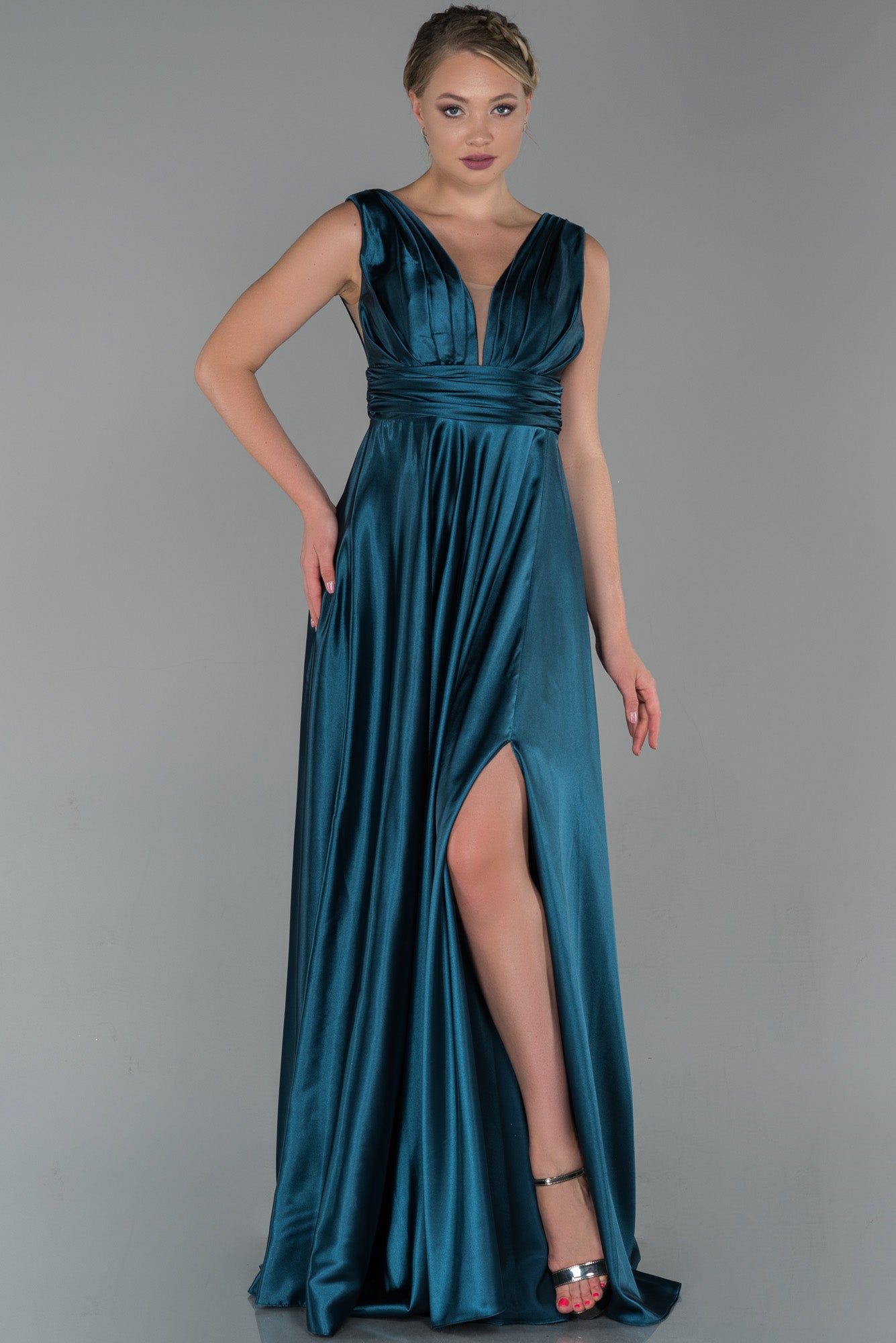 38919347 Petrol Green Low Cut Satin Slit Dress | AMP 38919347 Petrol Green Low Cut Satin Slit Dress | AMP