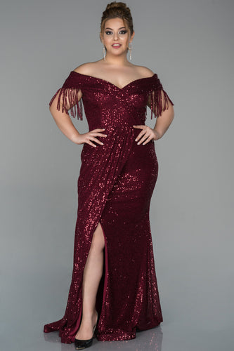 20226 Burgundy Off-Shoulder Wrap Skirt Slit Sequins Dress