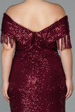 20226 Burgundy Off-Shoulder Wrap Skirt Slit Sequins Dress