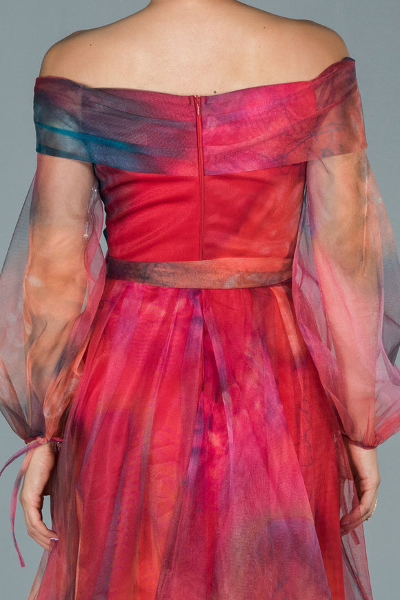 20301b Multi Colour Off-Shoulder Floral Tulle Dress