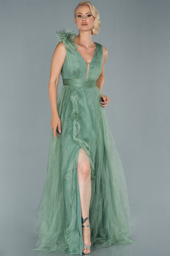 20311B Mint Green Applique Tulle Slit Dress